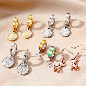 Stainless Steel Earrings Giraffe Pendant Queen Portrait Religious Coin Rhinestone Zirconia Hoop Earrings Punk Unisex Jewelry