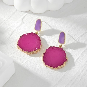 Vintage oversized irregular resin earrings with purple and fuchsia crystal texture and gold trim
