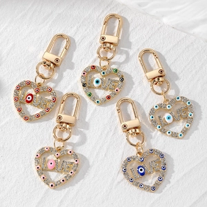Bohemian Gold Alloy Heart Keychain With LOVE Letter Rhinestone Evil Eye Drip Oil Pendant For Women Fashion Keyring Bag Charms