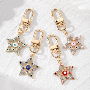 Ethnic Gold Plated Alloy Star Evil Eye Keychain With Rhinestone Nazar Hollow Bag Pendant Charms For Women Lucky Jewelry