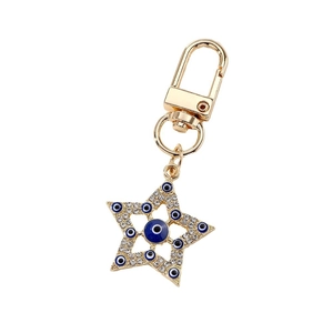 Ethnic star keychain with evil eye charms and white rhinestones on a gold-plated frame