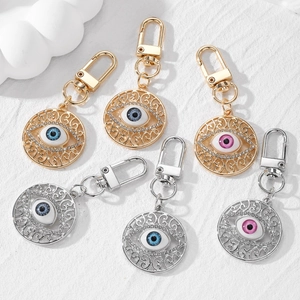 Vintage Hollow Alloy Evil Eye Keychain Rhinestone Inlaid Round Eye Pendant Electroplated Key Ring For Bag Women Jewelry Gift