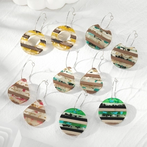 Vintage Geometric Acrylic Wood Patchwork Drop Earrings For Women Retro Striped Resin Hoop Earrings Bohemian Jewelry Gift