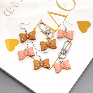 Polka Dot Bow Earrings And Keychain Set For Women Sweet Resin Jewelry Accessory Cute Pink Coffee Fashion Gift For Girls
