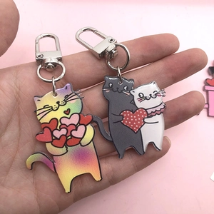 Lot de porte-clés chat en acrylique avec breloques cœur et fermoir mousqueton en métal