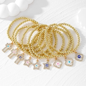 Vintage Minimalist Gold Plated Alloy Beaded Bracelet Rhinestone Evil Eye Charm Cross Star Clover Bracelet For Women Jewelry
