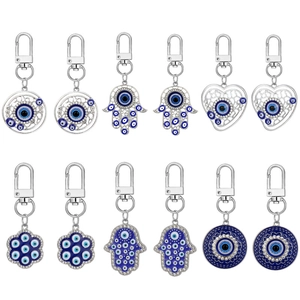 Evil Eye Hamsa Hand Heart Hollow Out Palm Keychain Pendant Alloy Rhinestone Bag Charm Ethnic Nazar Protection Jewelry For Women