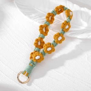 Handmade macrame daisy flower charm keychain for bags with golden ring hardware