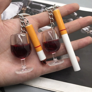 Creative acrylic wine glass and cigarette keychain pendant with silver metal ring