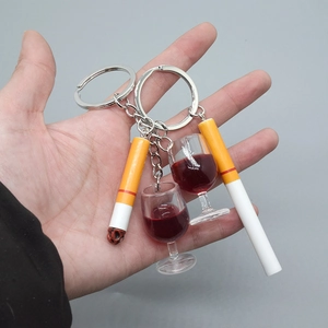 Simulation Cigarette And Red Wine Glass Keychain Resin Alloy Creative Hip Hop Bag Pendant Personalized Funny Hanging Accessory