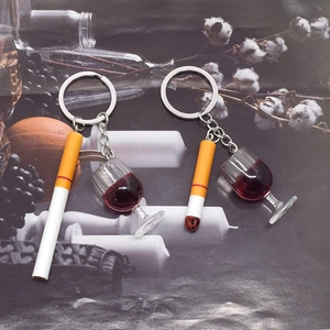 Creative cigarette and red wine glass keychain charms with hip-hop style acrylic design
