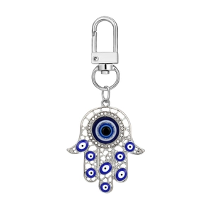 Hamsa Hand Evil Eye keychain with silver filigree and sparkling white rhinestones