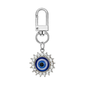 Silver Evil Eye keychain set with blue enamel eye and sparkling crystal rhinestones