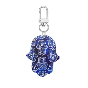 12Pcs Hamsa Hand acrylic keychain set with blue ethnic tribal pattern on white background