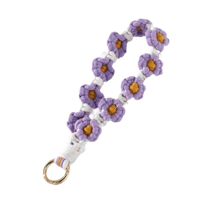 Handmade crochet flower keychain with purple daisy and golden metal spring clasp hook