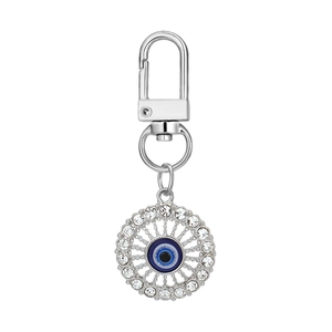 Silver geometric round evil eye keychain with rhinestones and lobster clasp on white background