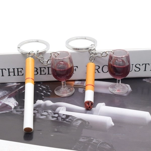 Hip hop style acrylic cigarette and red wine glass keychain charms with metal rings