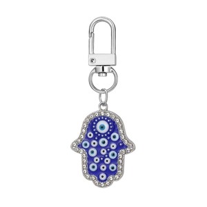 Hamsa Hand keychain with blue evil eye enamel and rhinestones for bag charms
