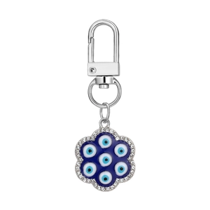 Blue Evil Eye flower keychain set in silver alloy with sparkling white rhinestones