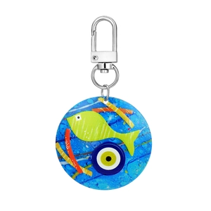 Evil Eye and Green Fish Acrylic Keychain Set with Blue Water Pattern and Silver Clasp