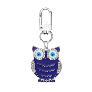 Evil eye owl keychain set with dark blue enamel and sparkling rhinestones on silver plating