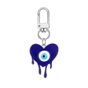 Blue melting heart evil eye keychain with silver metal carabiner clip on white background
