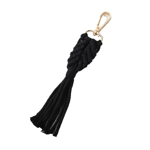Handmade black macrame keychain with golden lobster clasp and bohemian fringe detail