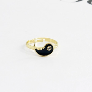 Adjustable gold plated Yin Yang ring with black enamel and sparkling crystal inlay