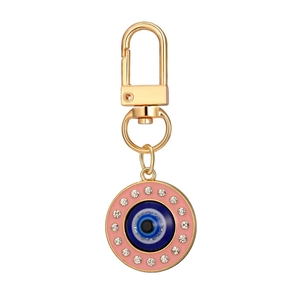 Pink evil eye keychain with gold lobster clasp and blue heart crystal rhinestones