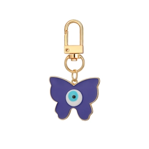 Vue détaillée du porte-clés papillon œil maléfique avec cadre doré et émail violet