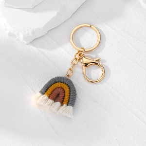 Détail du porte-clés arc-en-ciel fait main avec fils colorés, pompon blanc et fermoir doré
