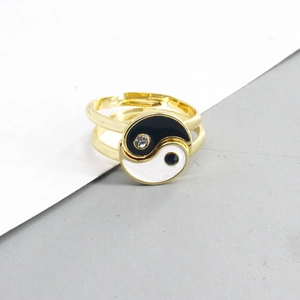 Fashion Gold Plated Alloy Taiji Yin Yang Open Rings For Couples Black White Drip Oil Rhinestone Adjustable Matching Ring Set