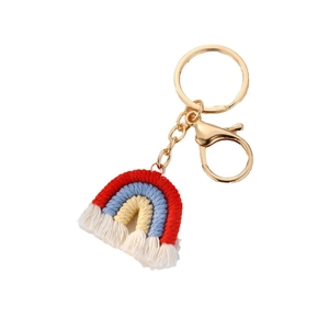 Porte-clés arc-en-ciel tissé à la main avec corde en coton et finitions à franges blanches