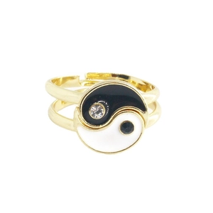 Golden Yin Yang Tai Chi adjustable couple ring with enamel detail and crystals