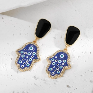 Boucles d'oreilles Main de Fatma et Mauvais Œil avec émail bleu et pierres de zircon