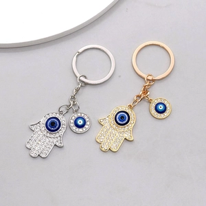 Ethnic Hamsa Hand Evil Eye Keychain Alloy Rhinestone Inlaid Metal Key Ring Protection Amulet Bag Hanging Ornament Gift