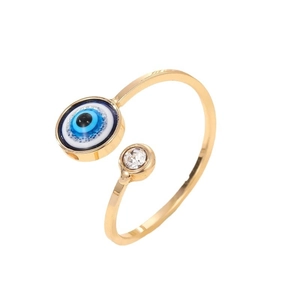 Χρυσό ανοιχτό δαχτυλίδι με μπλε σμάλτο evil eye και στρογγυλό ζιργκόν