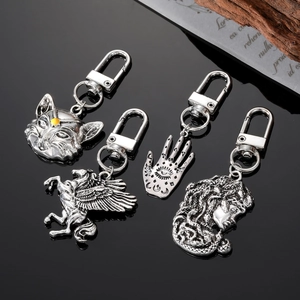 Vintage Antique Silver Alloy Keychain Hamsa Hand Pegasus Mythical Portrait Cat Head Pendant Keyring For Bag Keys Unisex
