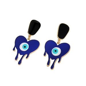 Boucles d'oreilles rétro cœur œil du démon dorées avec clous noirs et émail bleu