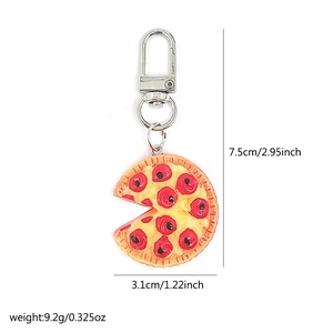 Mini creative pizza slice keychain accessory with metal spring clasp on white background
