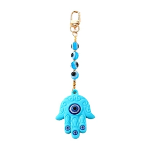 Bohemian Hamsa Hand Keychain with Blue Evil Eye Beads and Gold Swivel Hook Hardware