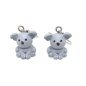 Primer plano de lindos pendientes de koala en resina gris con ganchos de plata