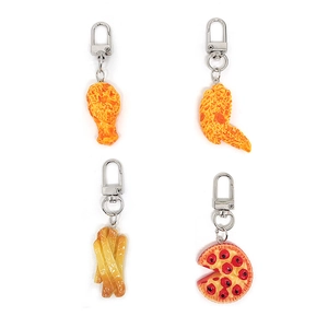 Realistic fried chicken wings and fries keychain set with silver metal lobster clasps