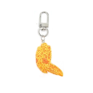 Realistic fried chicken wing keychain with golden crispy texture and silver lobster clasp
