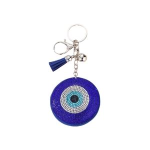 Sparkling Evil Eye keychain with blue rhinestones, soft tassel and silver metal keyring