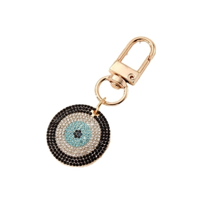 Golden Evil Eye keychain with blue rhinestones and sparkling crystal round pendant charms
