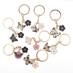 Gothic Enamel Butterfly Sakura Keychain Gold Alloy Drip Oil Skull Moth Bag Charm Pendant For Women Girls Sweet Accessories