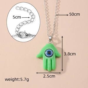 Detailed size specifications of the green Hamsa hand necklace with blue evil eye pendant