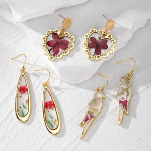 Orecchini a Pendente con Fiori Secchi Fatti a Mano per Donna Resina Cuore Uccello Floreale Lega Strass Orecchini Gioielli Pastorali