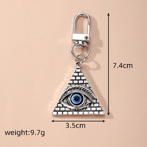 Triangle evil eye alloy pendant keychain with vintage silver pyramid and blue eye detail